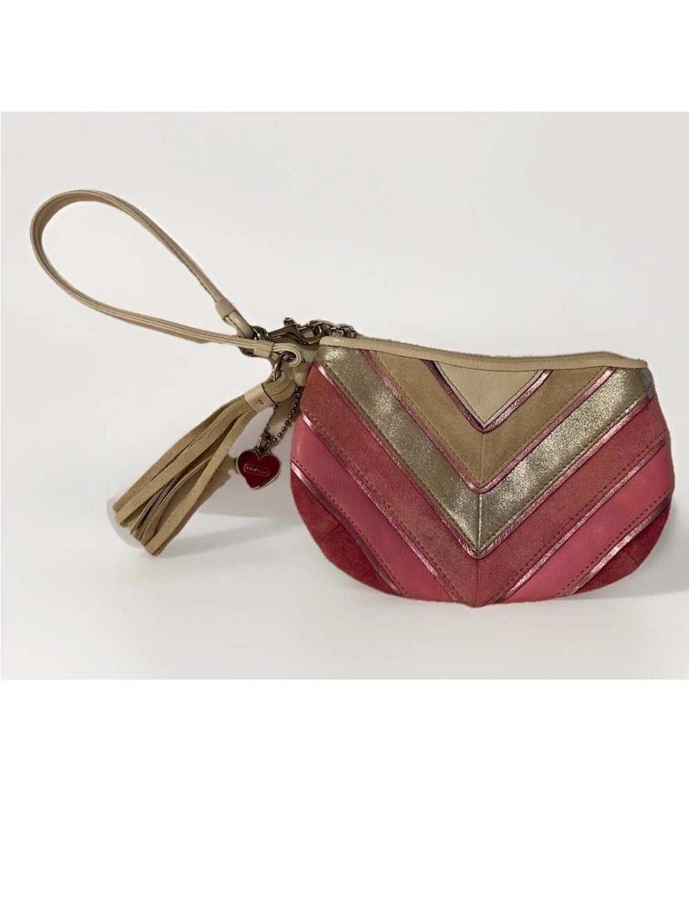 Coach Soho Wristlet Pink Chevron Leather, Suede, Tassel,Heart Charm Vintage 2006